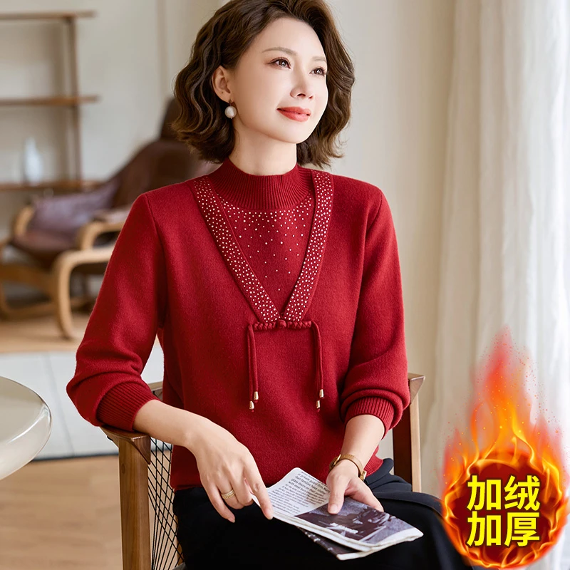 妈妈装冬季新中式针织保暖上衣中老年女加绒加厚一体绒毛衣打底衫