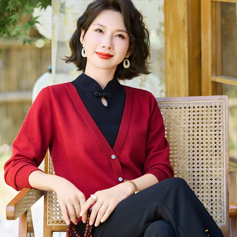 妈妈毛衣针织套头打底衫秋装2024新款中式上衣服秋冬中老年人毛衣
