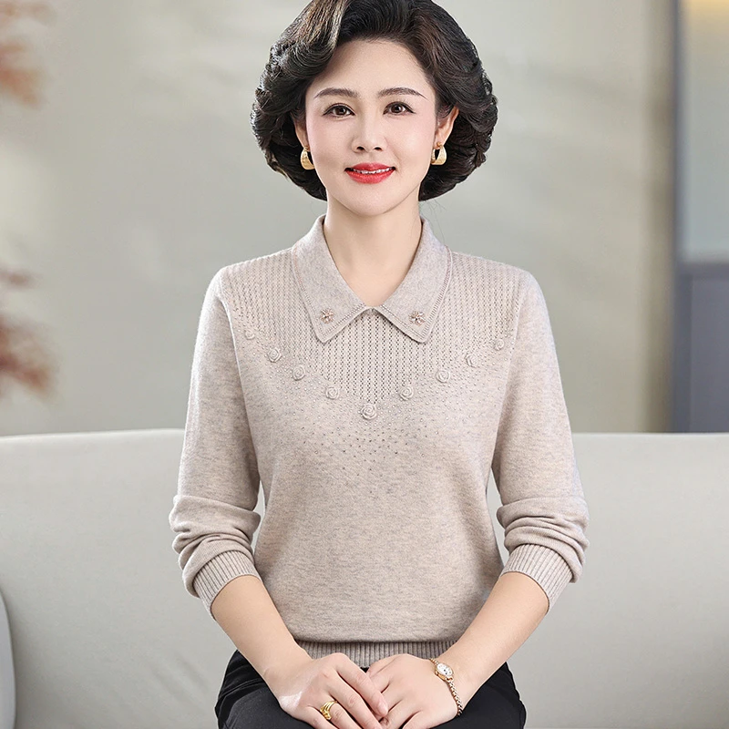新款中年妈妈秋装长袖针织小衫洋气高贵上衣中老年女春秋打底毛衣