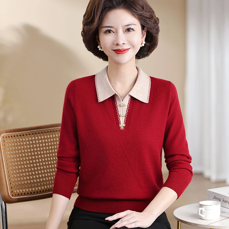 妈妈春秋本命年红色毛衣2024新款内搭打底小衫中老年女针织衫上衣
