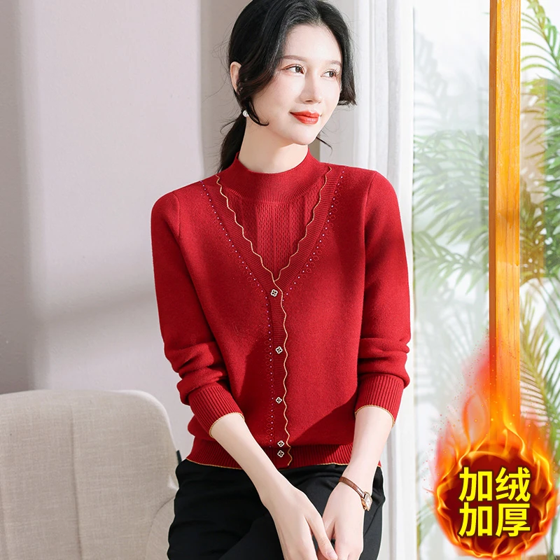 妈妈秋冬装加绒加厚半高领打底衫中老年本命年红色毛衣保暖上衣