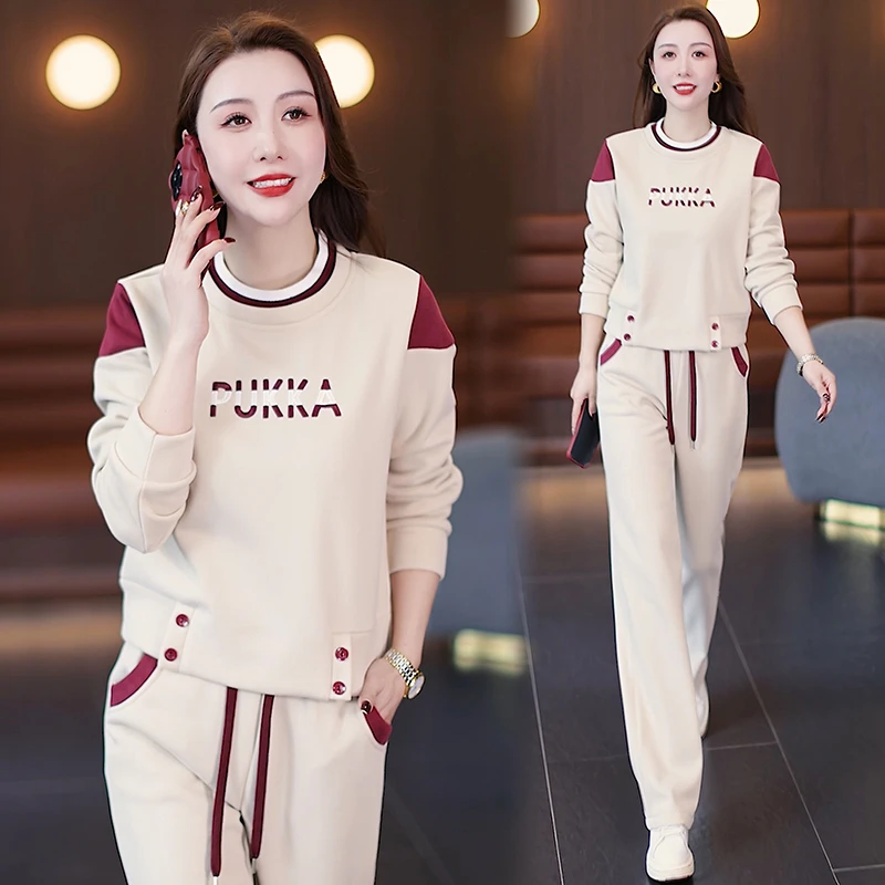 时尚休闲加绒套装女2024冬新款洋气减龄长袖百搭卫衣直筒裤两件套