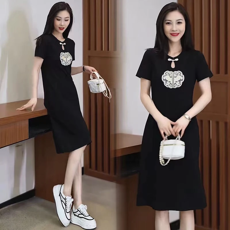 新国风中式连衣裙女短袖中长款2025夏季新款时尚气质女士开叉裙子