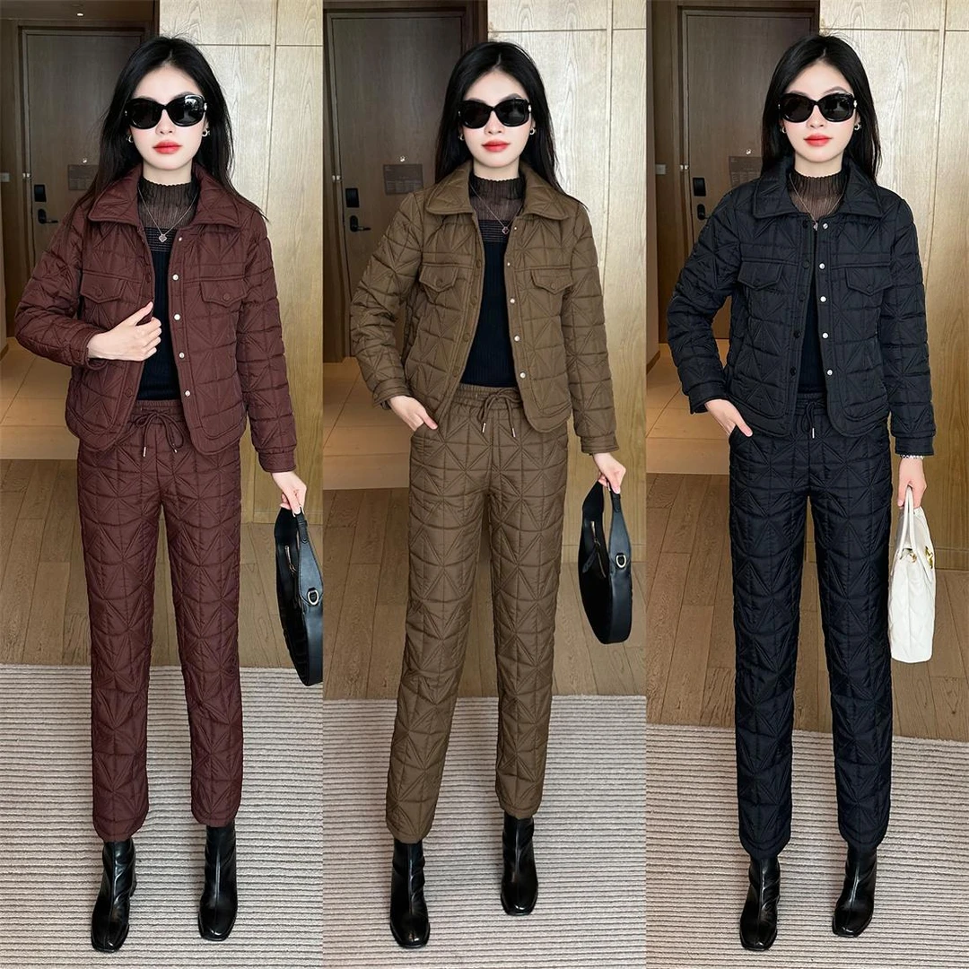 时尚加绒加厚棉服套装女2025冬新款气质减龄保暖外套直筒裤两件套