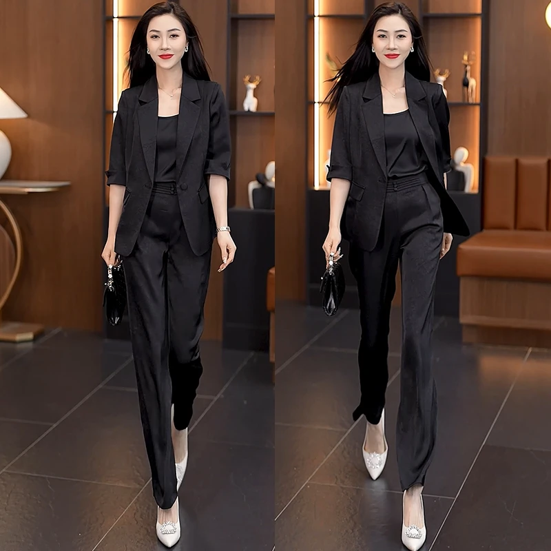 时尚小西装套装女士2025夏秋新款减龄职业装西服背心直筒裤三件套