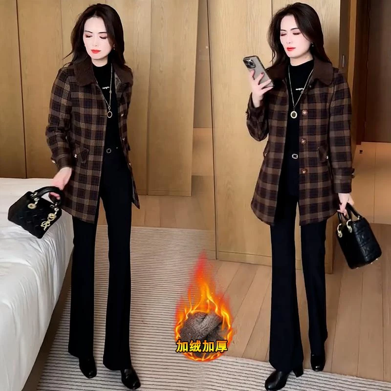时尚加绒加厚格子毛呢外套女2024冬新款洋气减龄宽松显瘦呢子外套