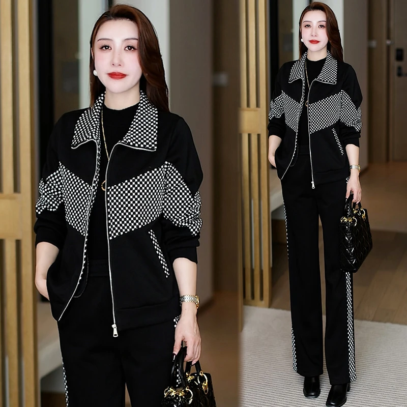 时尚加绒加厚棉服套装女2024冬新款洋气减龄拼接外套直筒裤两件套