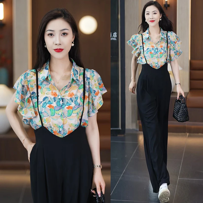 时尚套装女2024夏季新款薄款气质短袖上衣休闲显瘦背带裤两件套