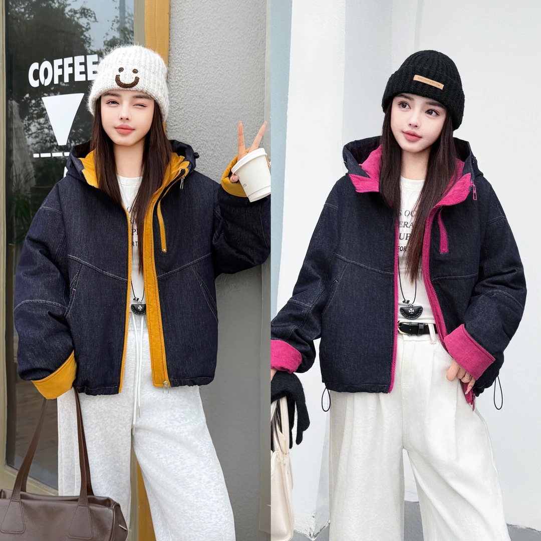 时尚加绒加厚棉服外套女2024冬新款洋气减龄气质百搭连帽夹克棉衣
