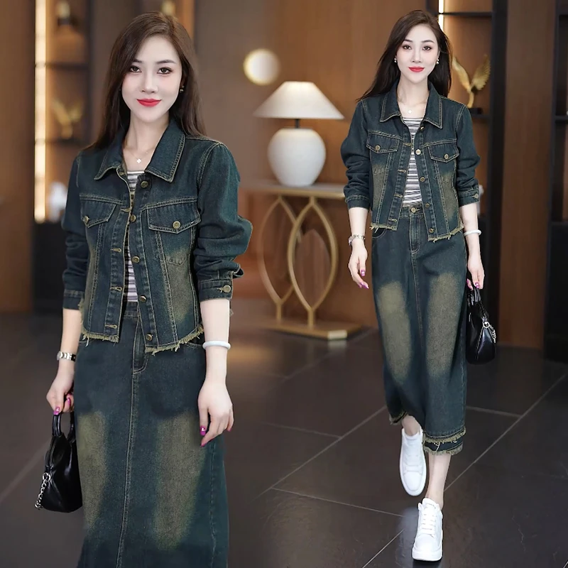 时尚牛仔套装女2025秋新款洋气减龄休闲外套背心复古半身裙三件套