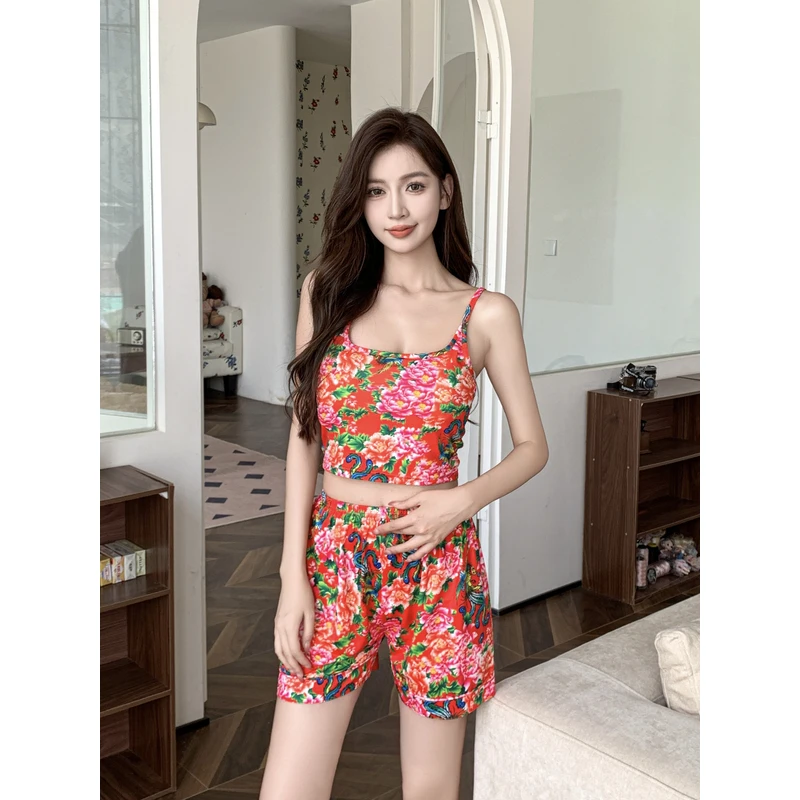2024新款东北大花美背性感红色印花显瘦碎花时尚中国风