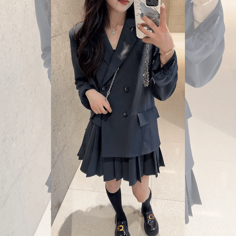 时尚设计感假两件西装连衣裙女秋季新款高级感气质a字百褶短裙子