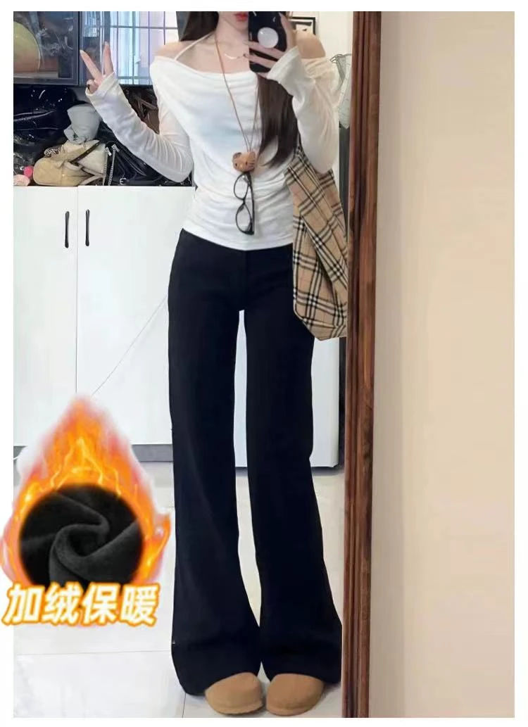 黑色加绒牛仔裤女秋冬高腰不贴腿微喇宽松显瘦百搭直筒阔腿喇叭裤