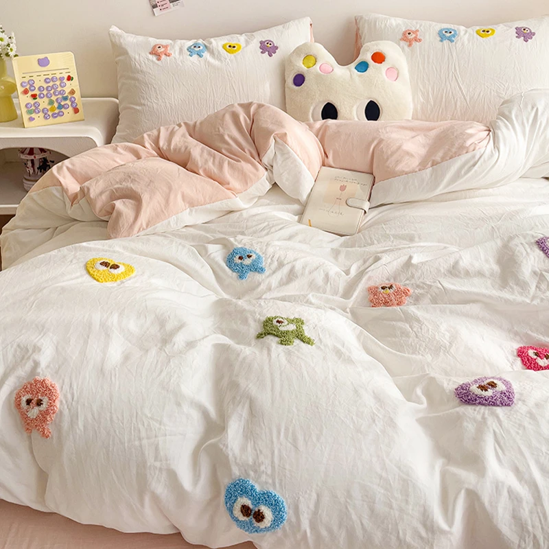 超柔水洗棉毛巾绣床上四件套宿舍单人被套少女心床单笠三件套可爱
