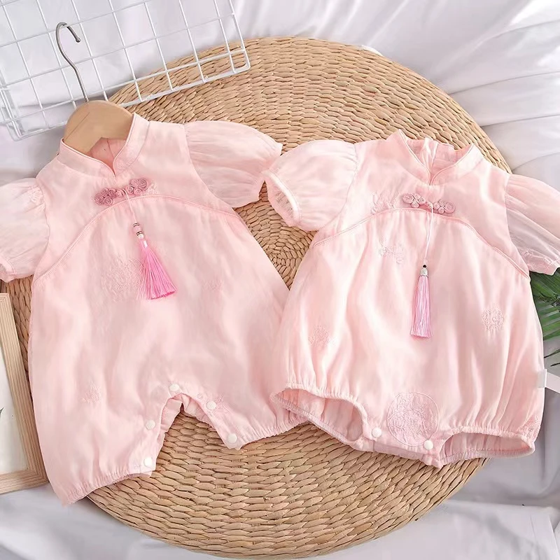 2XLM婴儿夏装短袖高定款哈衣女宝宝薄款中国风旗袍连体衣哈衣幼儿