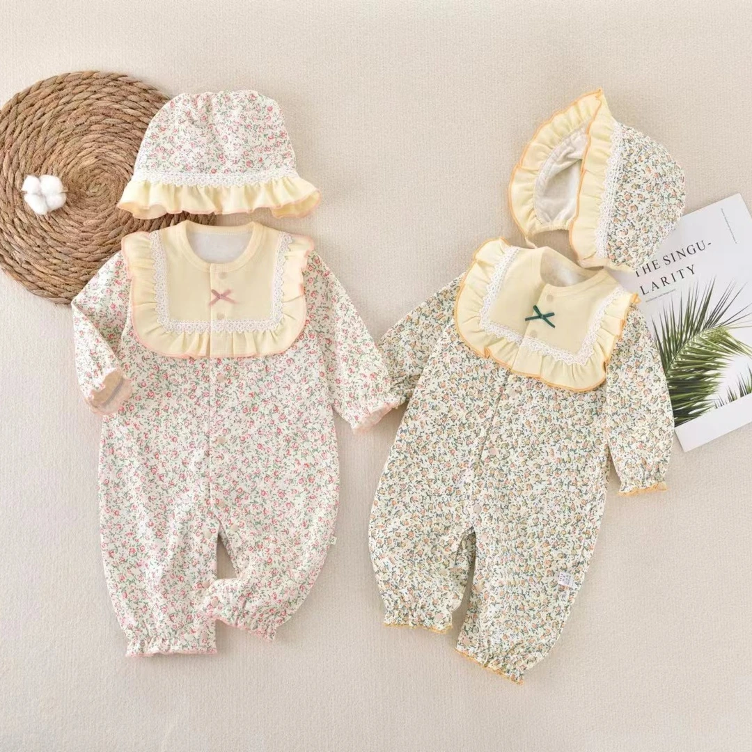 2浪漫碎花 单层碎花格子泡泡袖宝宝闭档哈衣连体衣婴儿蝴蝶结婴儿