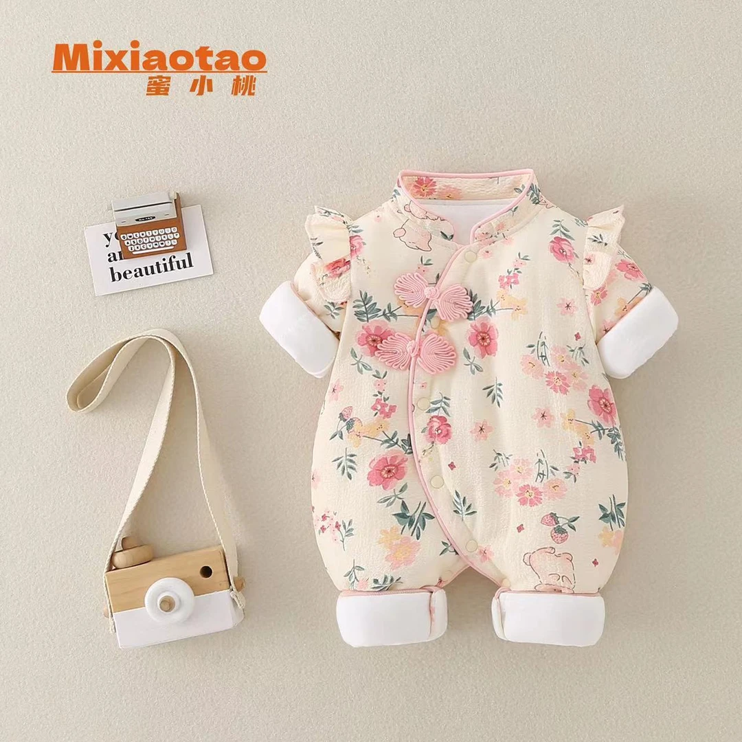新款鲜花点薄棉连体衣加厚夹棉秋冬款哈衣宝宝婴儿幼儿爬服