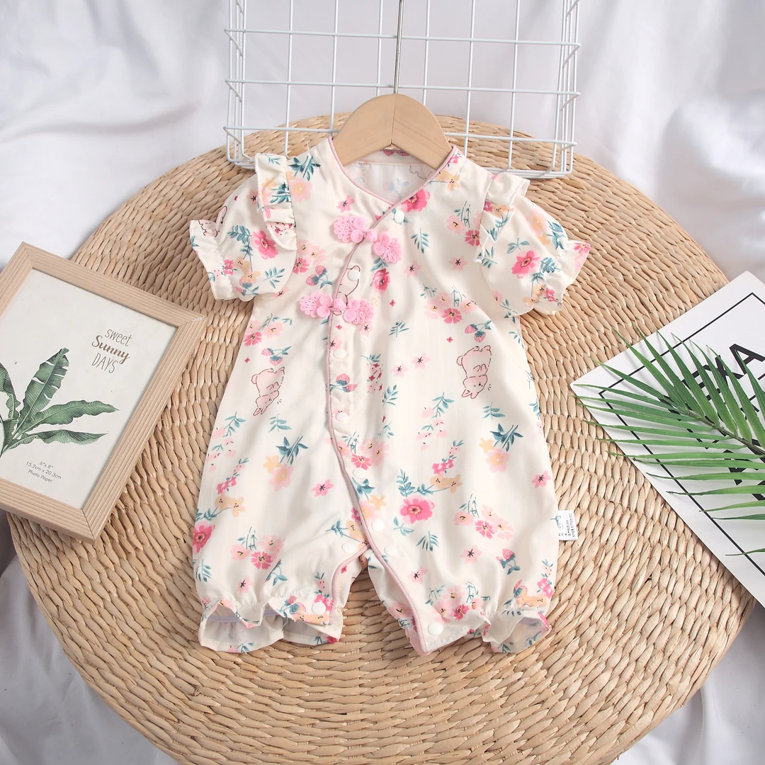 2夏款短袖鲜花小兔透气轻薄公主婴儿新生儿幼儿连体衣薄款哈衣