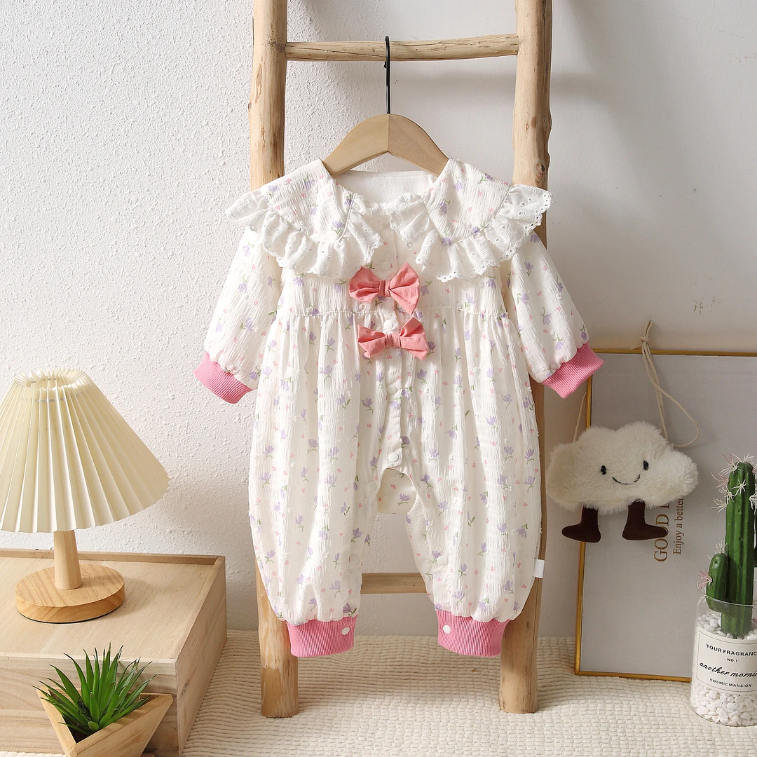 新XLM秋款新款（高定碎花蝴蝶结爬服连体衣女童洋气婴儿宝宝新生儿