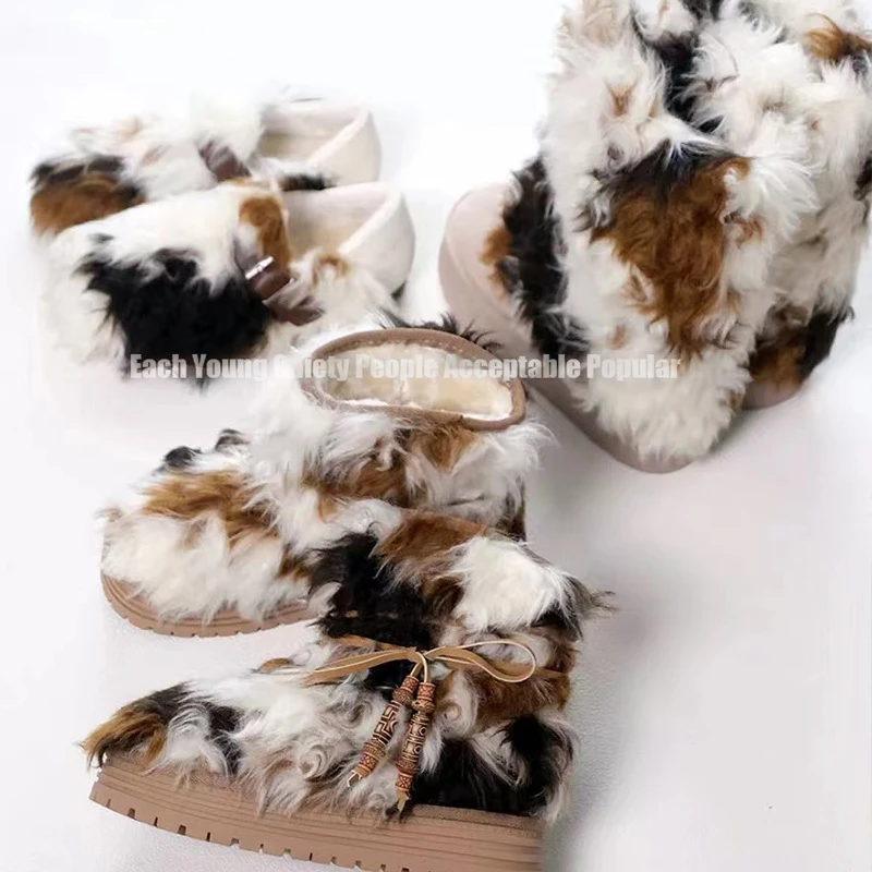 2024秋冬加绒新款百搭圆头三色毛毛厚度保暖防滑女中筒雪地靴