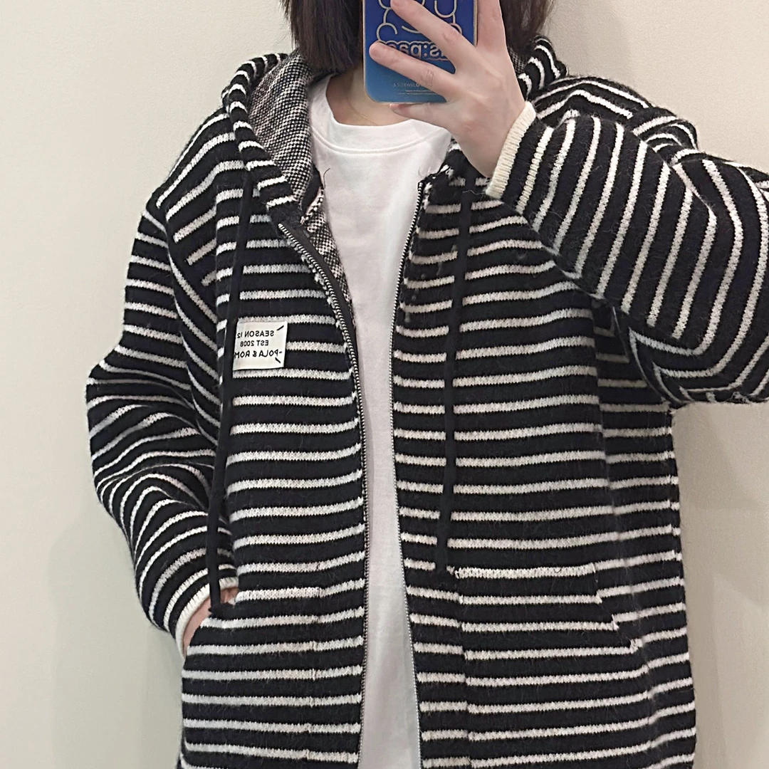 1230CC女装穿搭休闲2024秋款高级感条纹毛衣外套