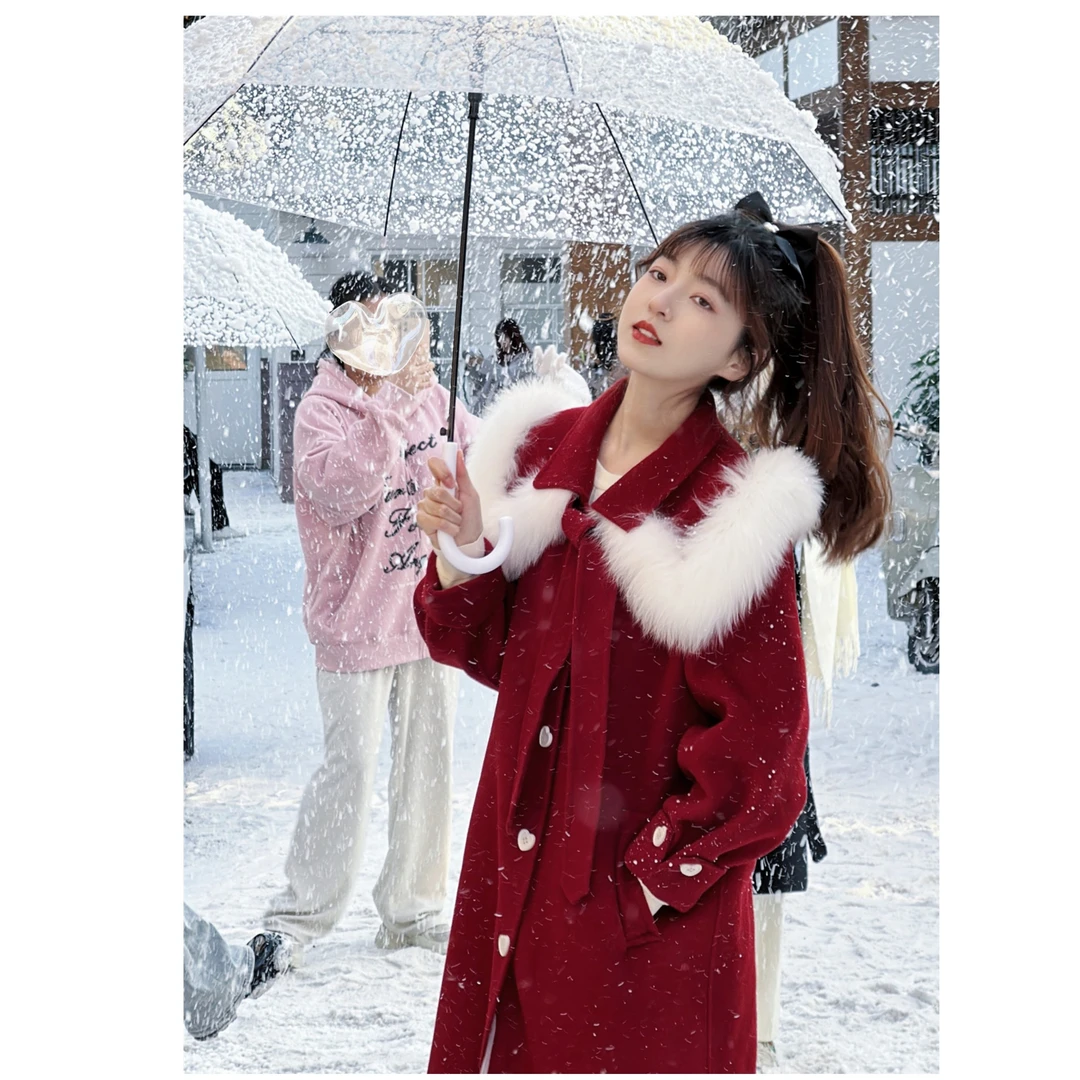 【雪国精灵】中长款连帽斗篷暗扣宽松狐狸毛领双面羊毛