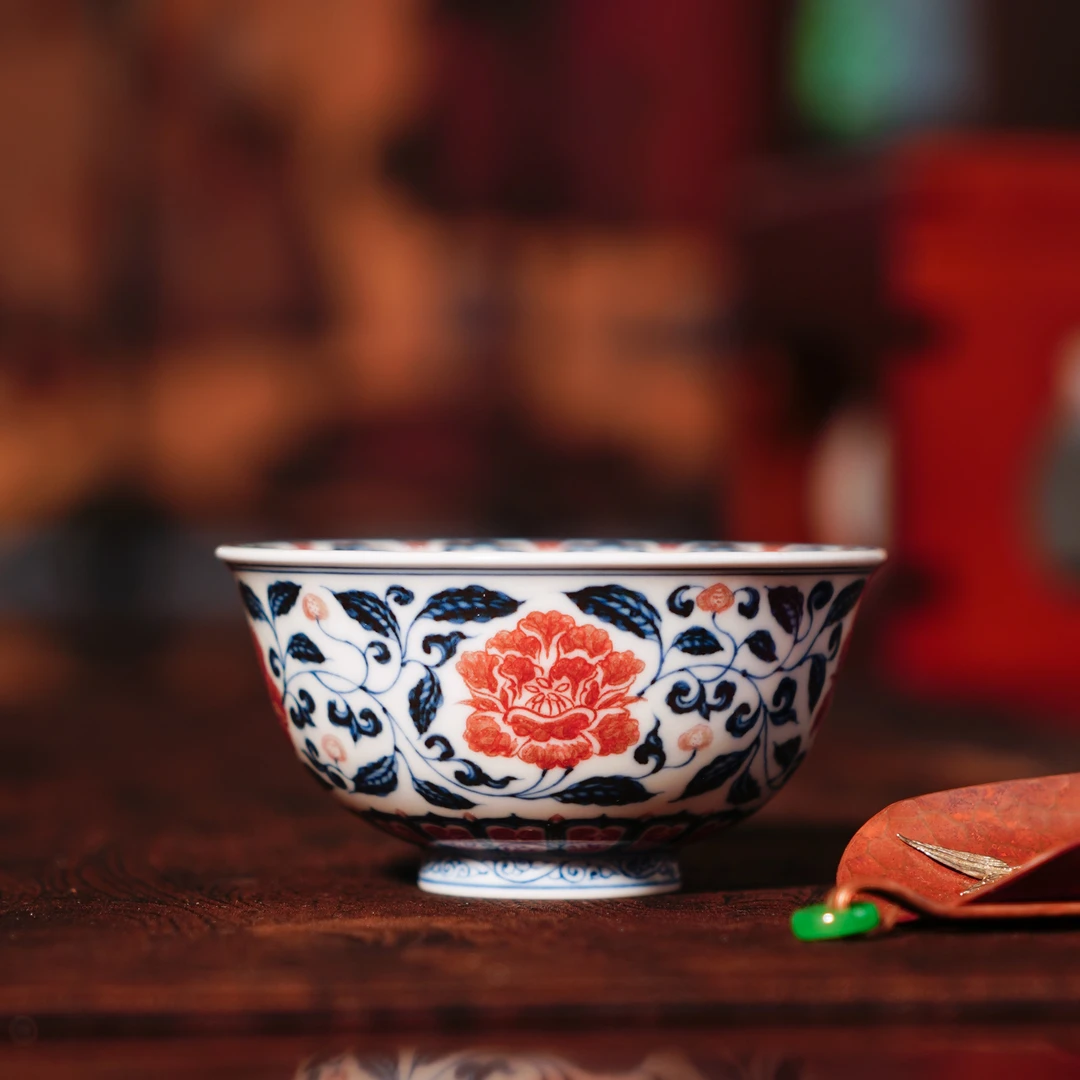 勤义堂 青花釉里红缠枝牡丹撇口杯 陶瓷喝中式茶品茗全手工QYT791