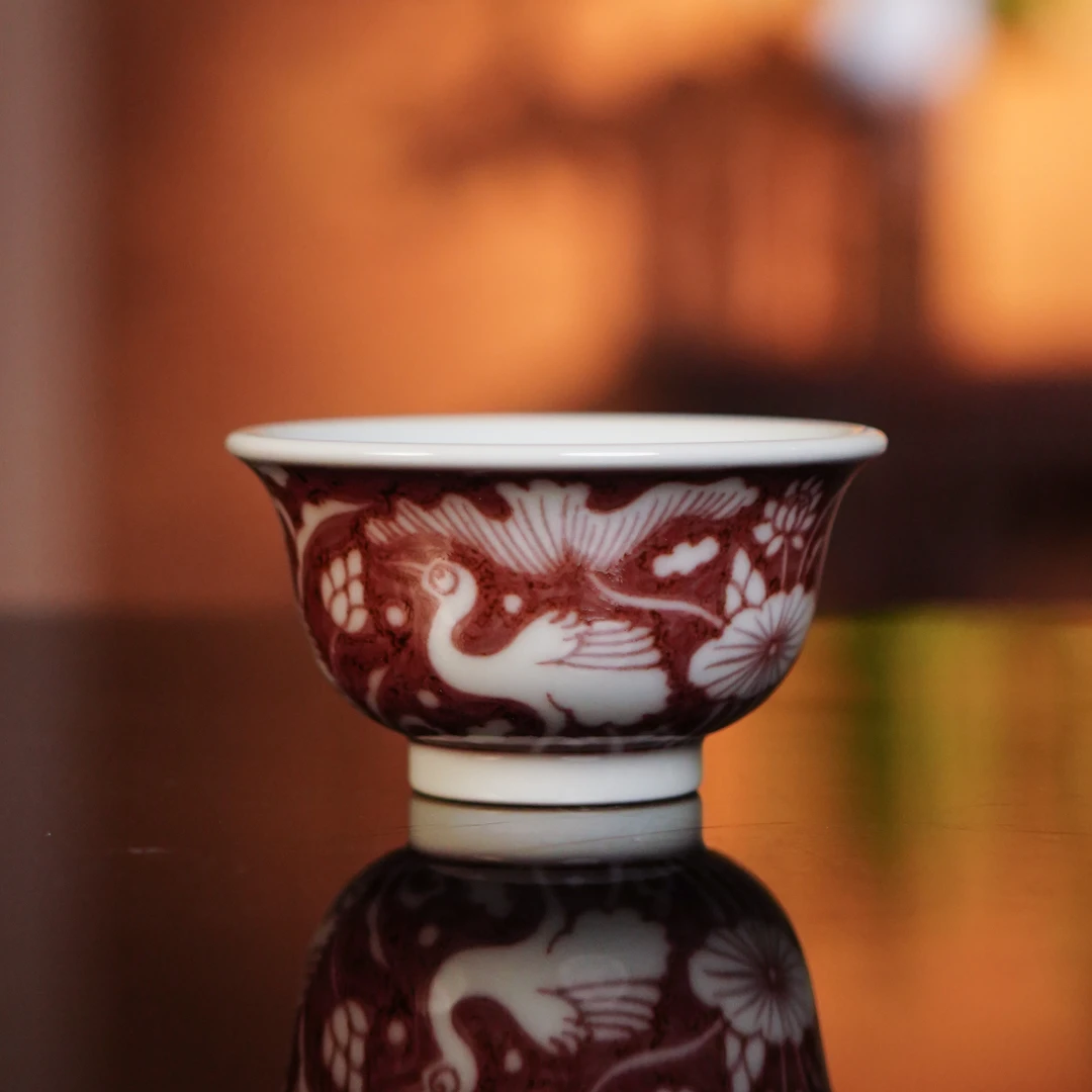 正德御窑亦然堂釉里红一鹭压手杯家用陶瓷手绘手工茶杯景德镇中式