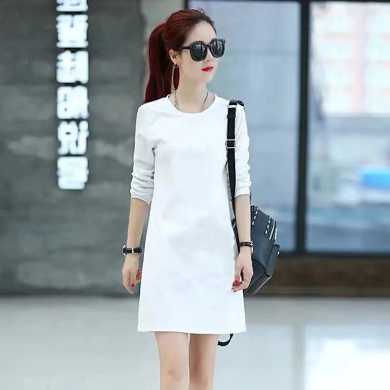 长袖T恤中长款连衣裙秋季内搭叠穿遮屁股打底衫鲨鱼裤搭配的上衣