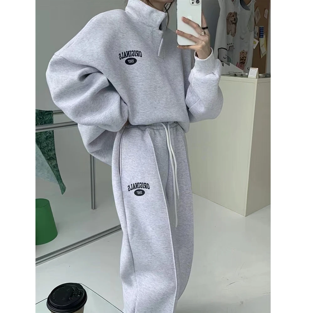 春秋冬2024新款宽松休闲加绒加厚时尚百搭运动卫衣卫裤套装一穿搭