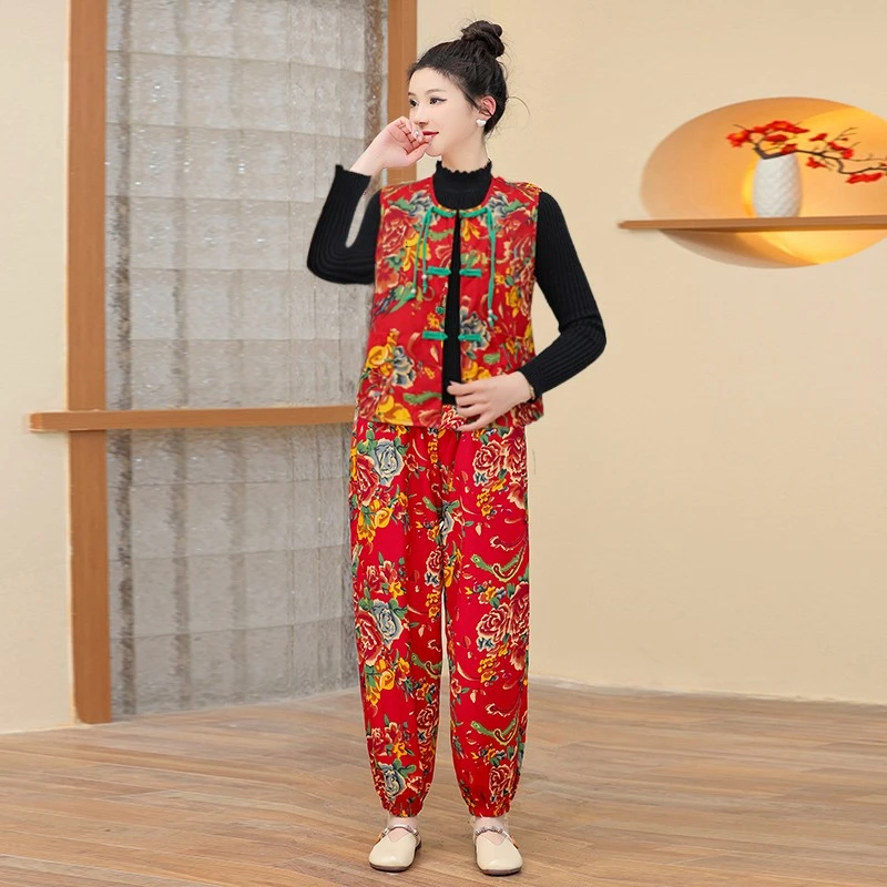 新款民族风马夹东北大花短款坎肩盘扣新中式宽松背心中老年妈妈装