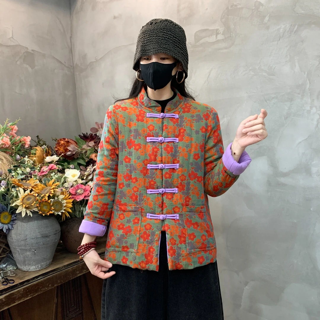 民族风减龄印花棉袄新中式盘扣夹棉复古文艺立领保暖棉衣棉服外套