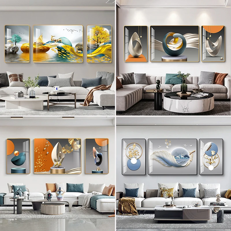 轻奢客厅装饰画现代大气沙发背景墙挂画新款三联画寓意好墙画晶瓷