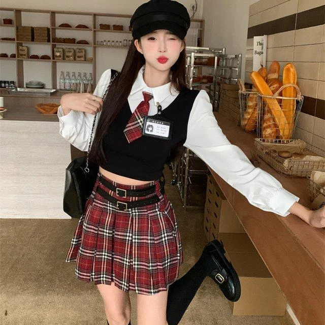 美式甜辣妹学院风套装女秋季jk制服针织假两件上衣半身裙子两件套