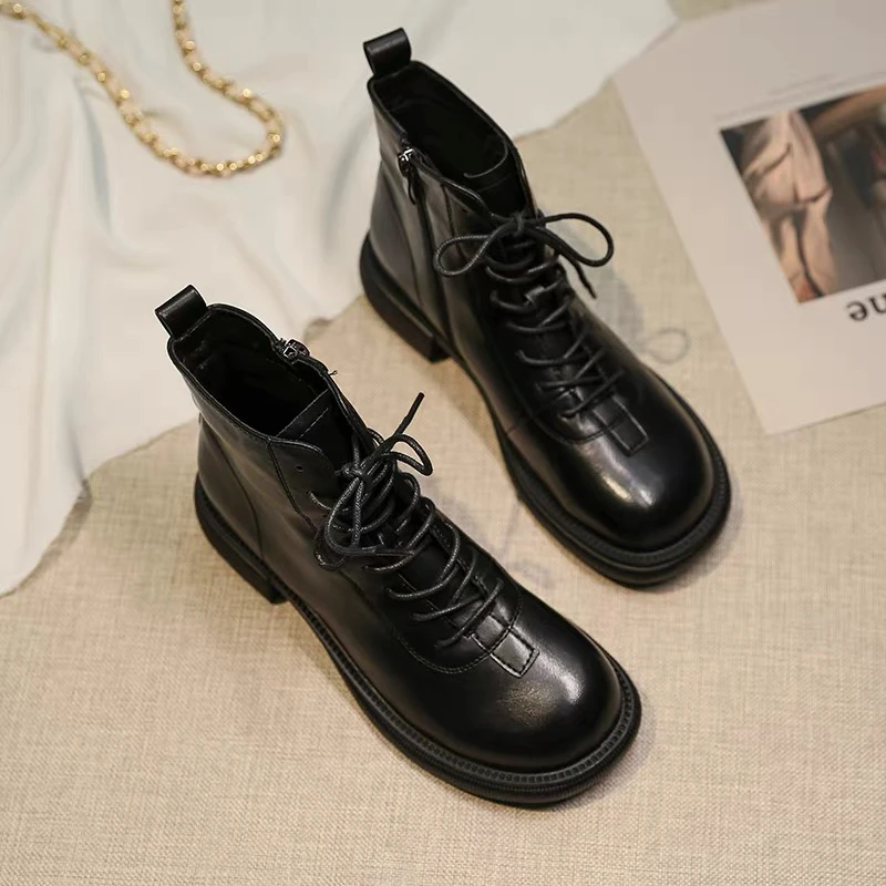 英伦风后拉链单靴系带短靴 35036