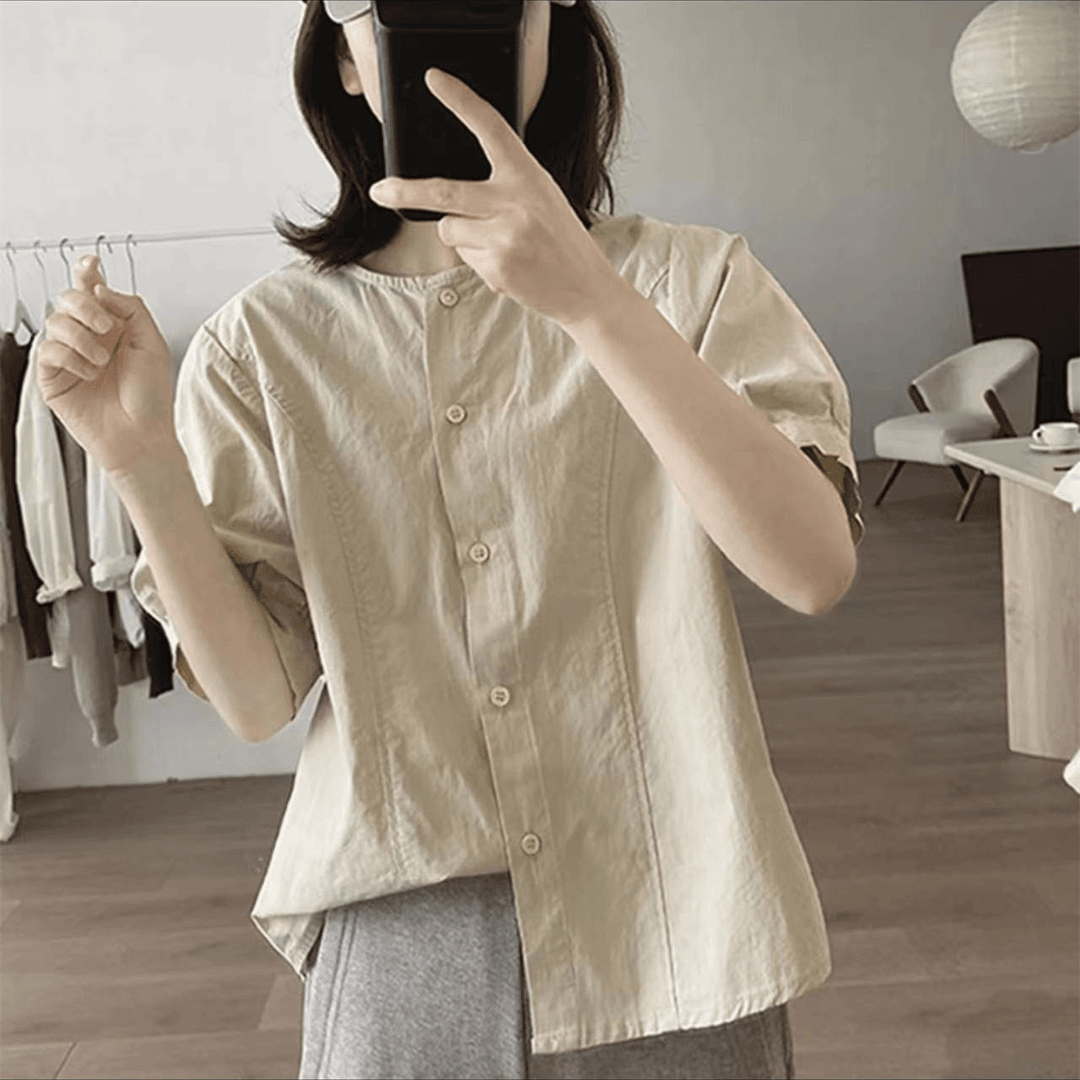 圆领衬衫女夏新款宽松显瘦简约时尚设计感短袖基础款减龄上衣