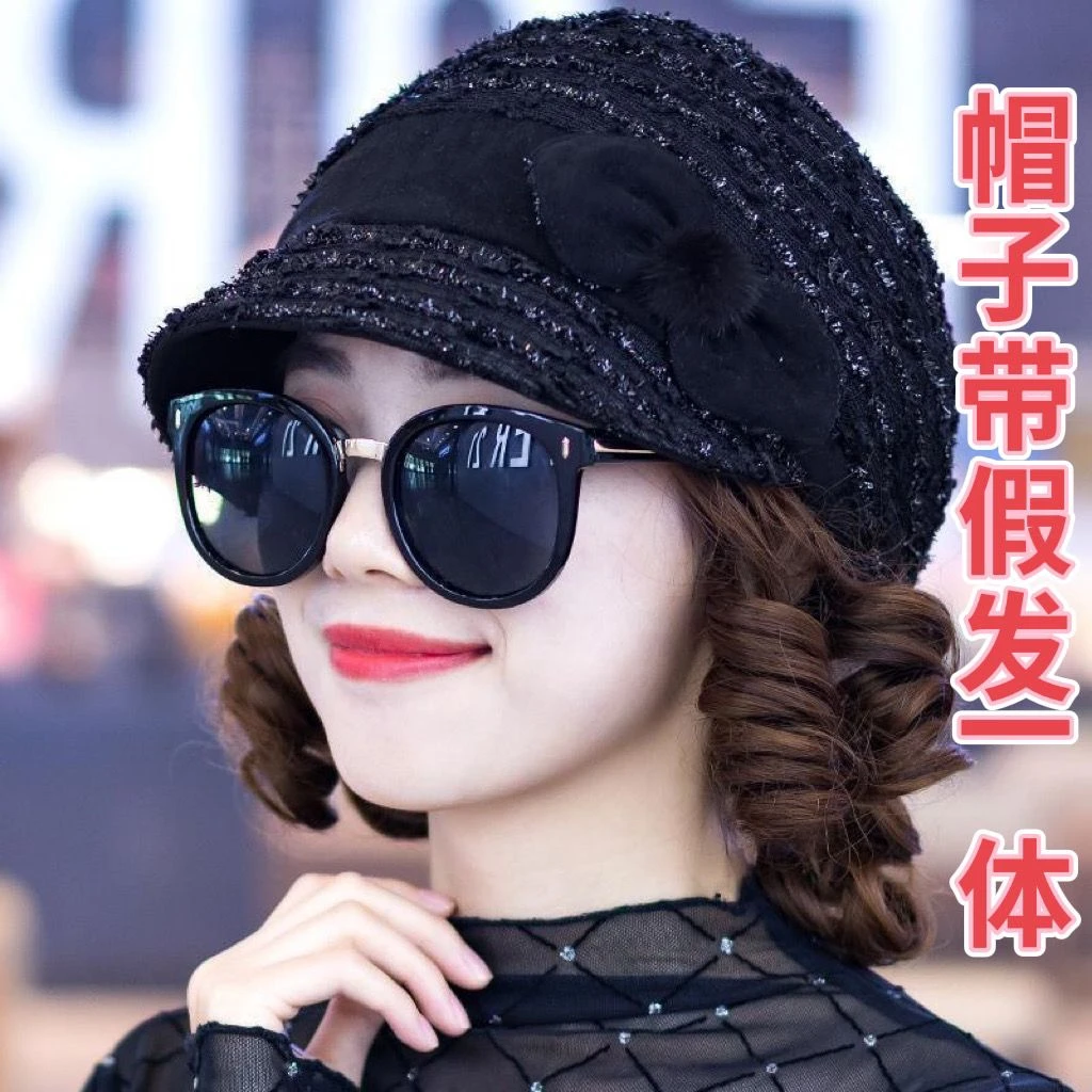 中老年帽子假发一体女短卷发假发逼真自然帽子带头发秋冬帽子发套