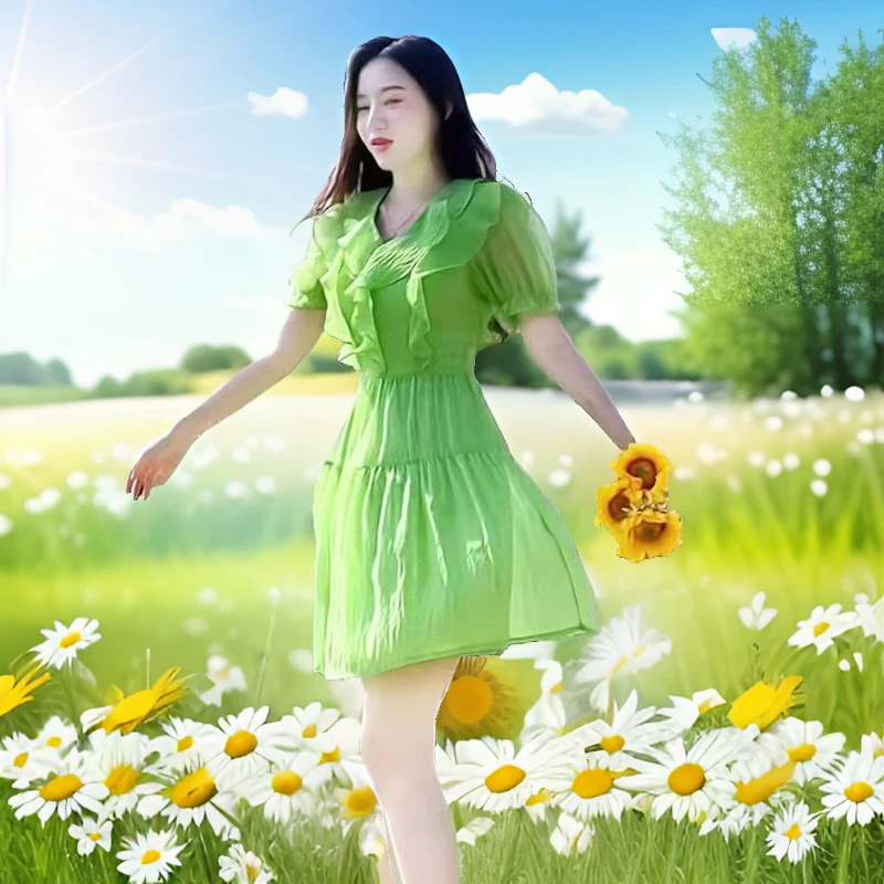 公主裙海边连衣裙仙女裙子女夏渡假出游绿色荷叶边收腰V领a字短裙