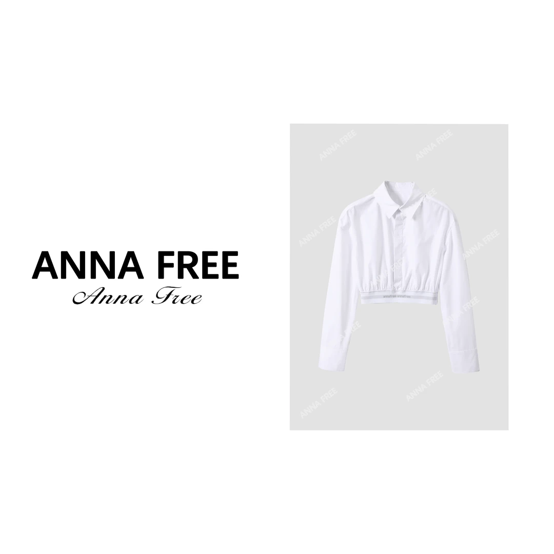 ANNA FREE 白色翻领系扣长袖衬衫女新款字母织带显瘦短衬衣24017