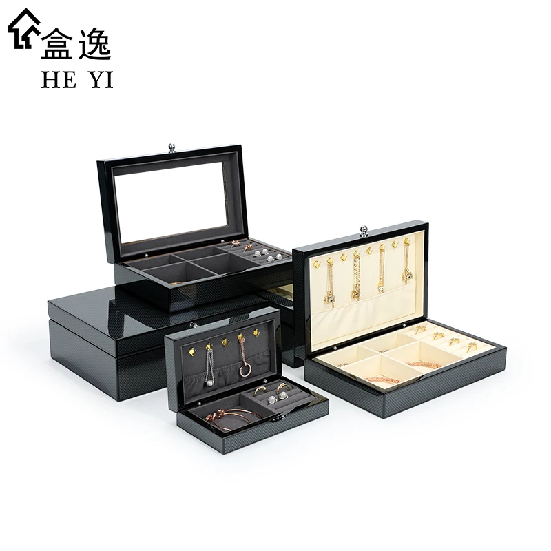 盒逸首饰盒黑色碳纤维纹高档精致饰品收纳盒项链戒指耳环首饰盒子