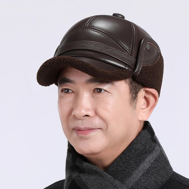 中老年帽男冬季真皮帽子男士老人帽户外男帽牛皮保暖冬棉帽雷锋帽