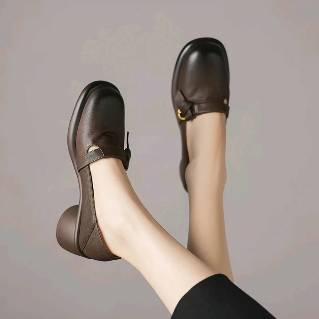 2024秋季新款百搭软底复古粗跟厚底英伦风单鞋一脚蹬粗跟乐福鞋女
