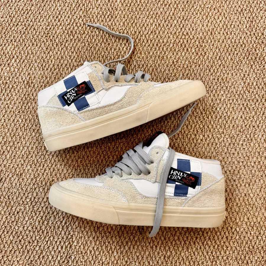 【高品质牛皮】米色个性拼色复古中帮男鞋休闲板鞋百搭潮鞋百搭板鞋