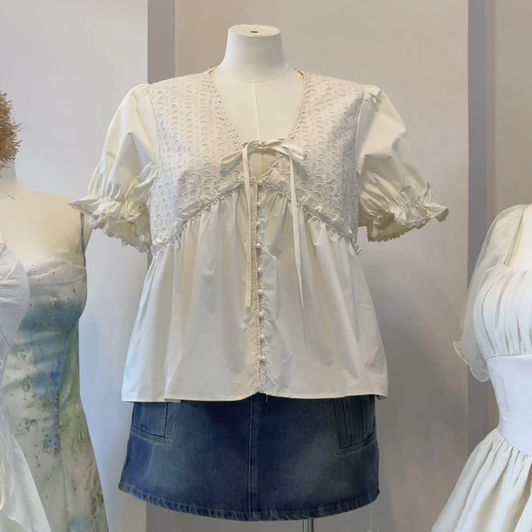 韩系千金｜大码法式夏季2024新款系带V领显瘦宽松甜美上衣设计感