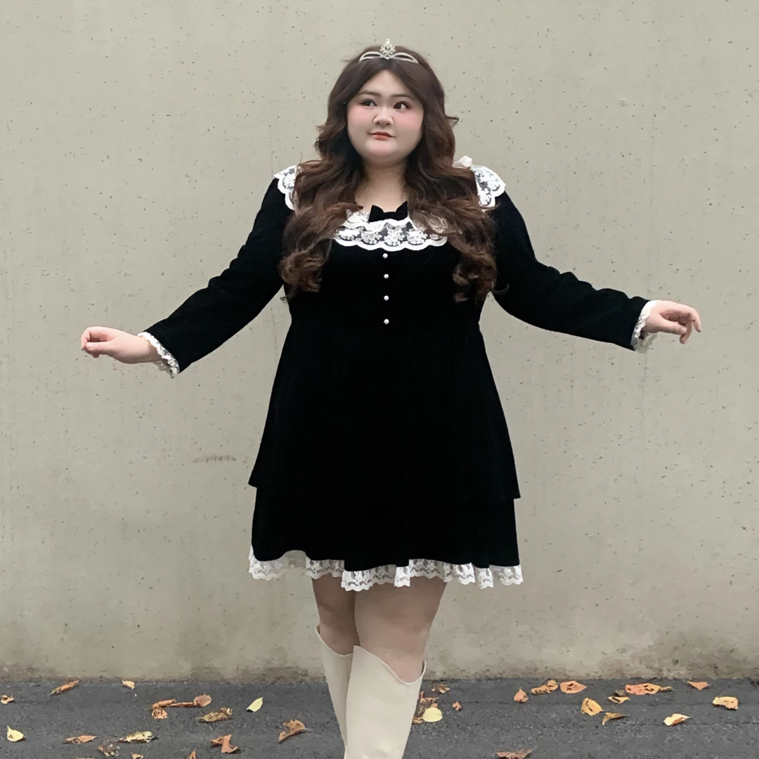 公主舞会｜大码法式蕾丝花边丝绒女装秋冬甜美纯欲收腰公主蓬蓬裙