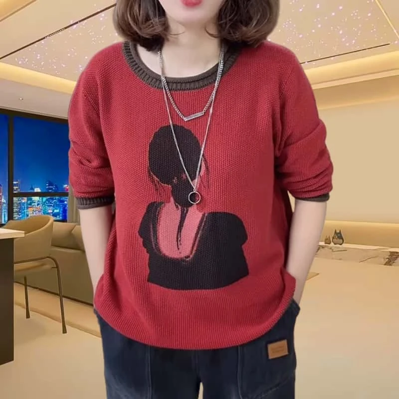 春季宽松撞色印花针织衫毛衣女士2025新款休闲加厚保暖打底衫上衣