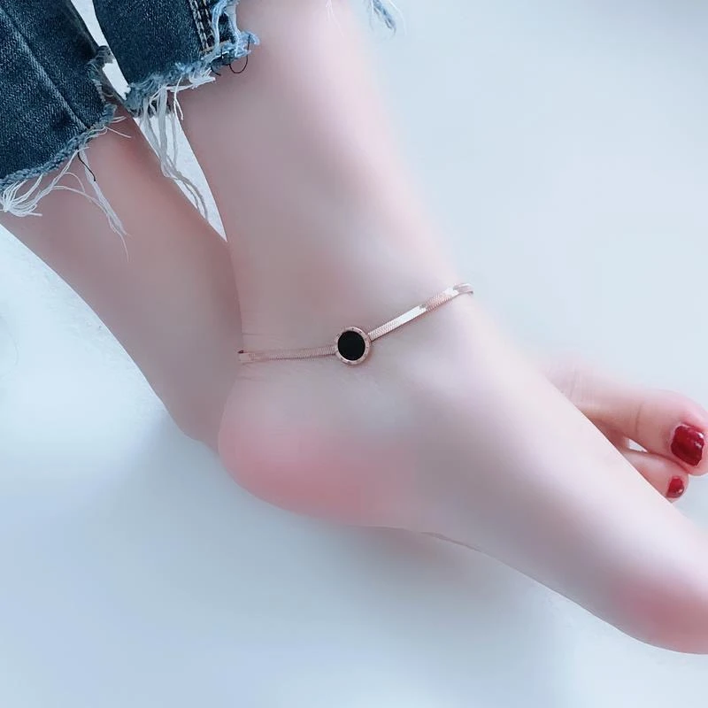 钛钢脚链 韩版简约玫瑰金小众脚链女简约黑森系气质时尚脚踝足链