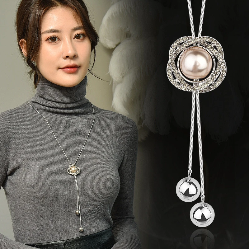 铜项链 气质毛衣链长款流苏贝珠吊坠项链女韩版简约时尚百搭配饰