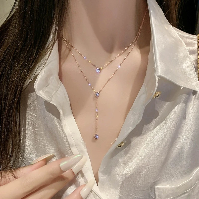 钛钢项链 极简双层ins水钻项链女毛衣链个性简约气质锁骨链冷淡风