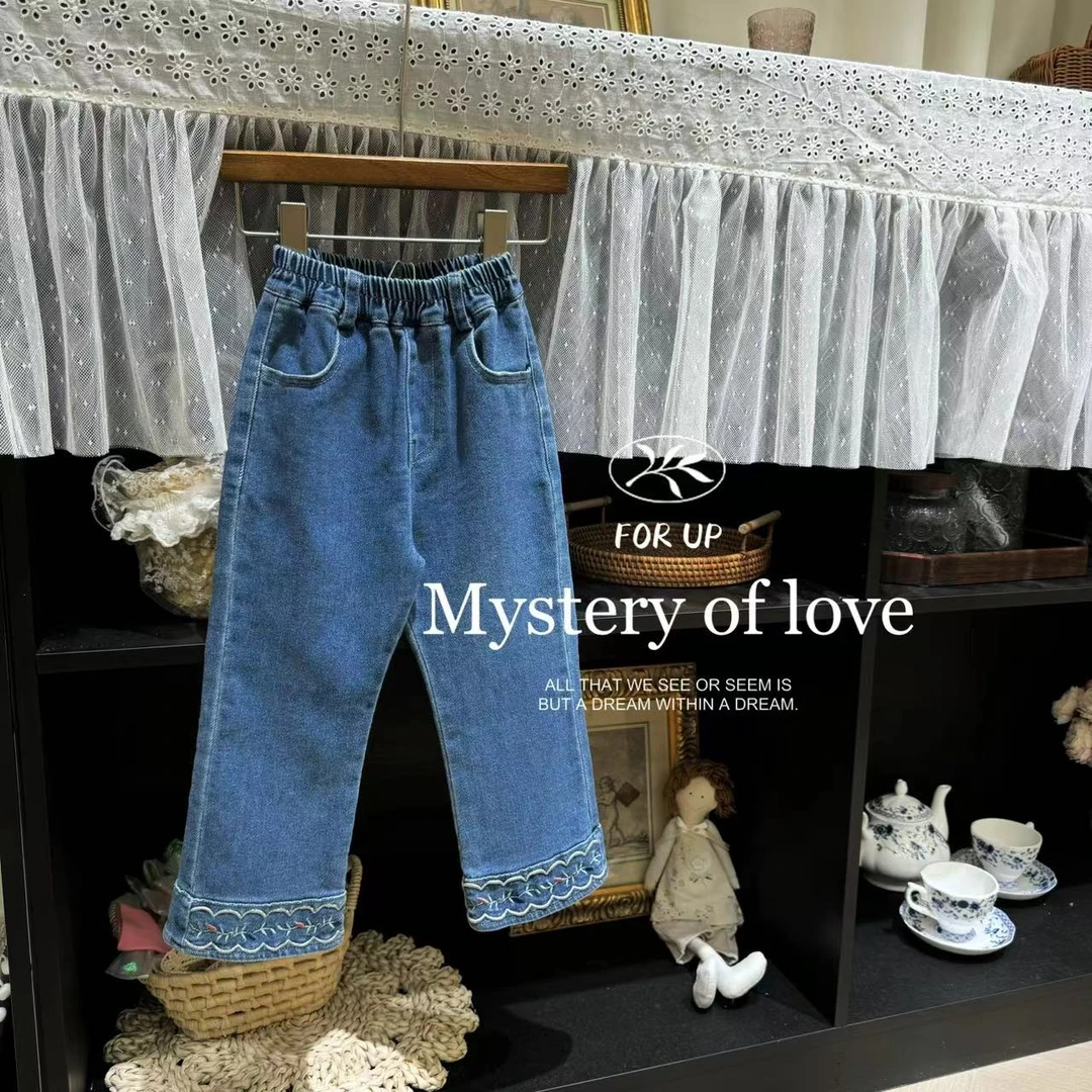 【现货】243-FU-79073牛仔蓝 [FOR UP]法式苏莉波浪花蔓刺绣牛仔裤